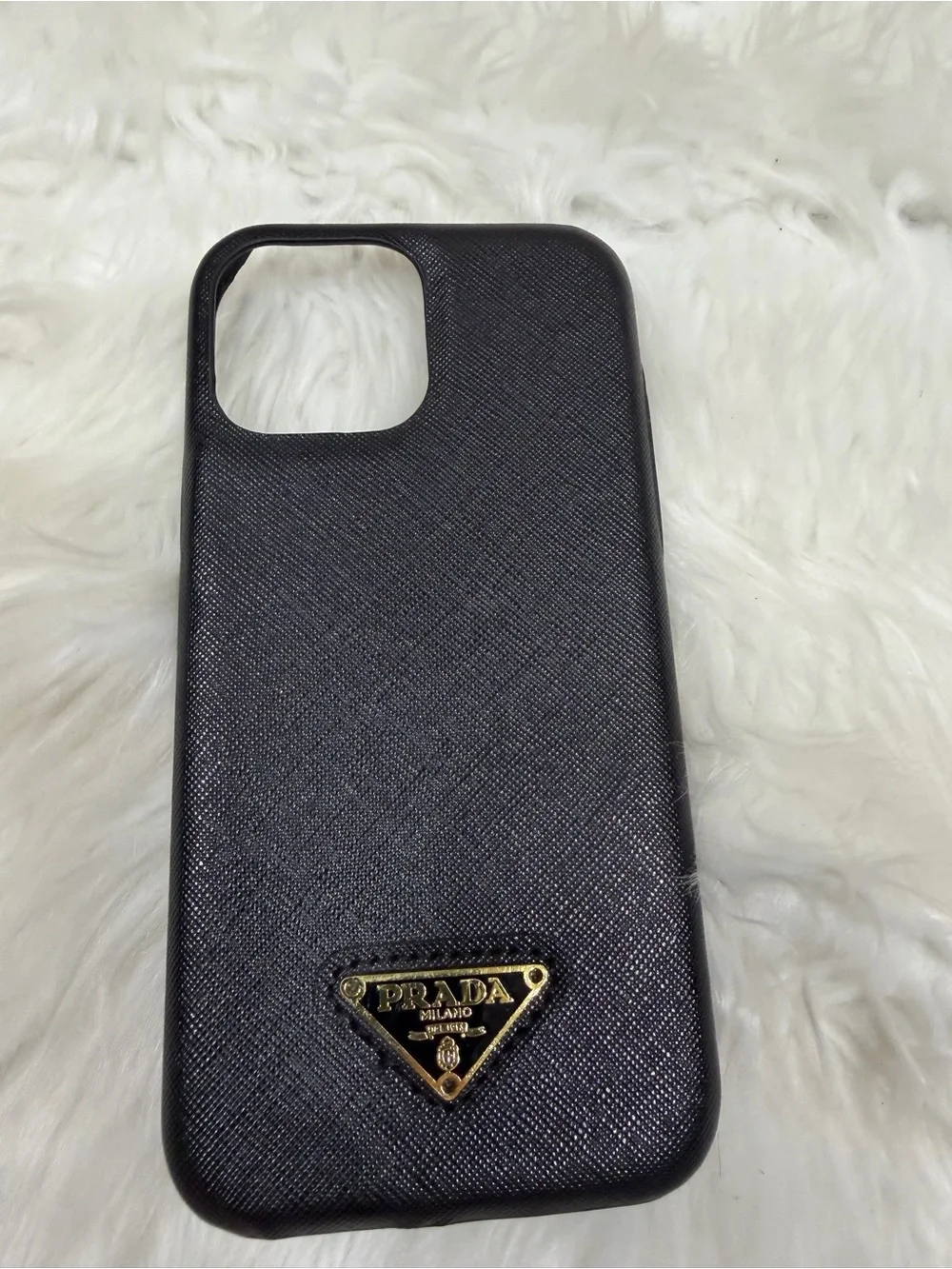 Prada Black Textured Leather Phone Case with Gold Logo Plaque